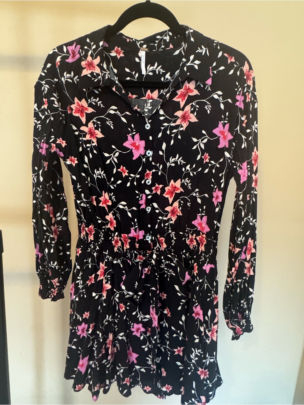 Free People Black Floral Button-Front Mini Dress